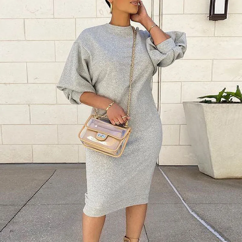 Solid Round Neck Lantern Sleeve Casual Dress