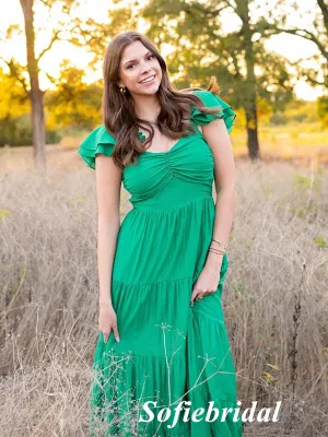 Spaghetti Straps V-Neck Sleeveless A-Line Floor Length Prom Dress With Ruffle, PD01067
