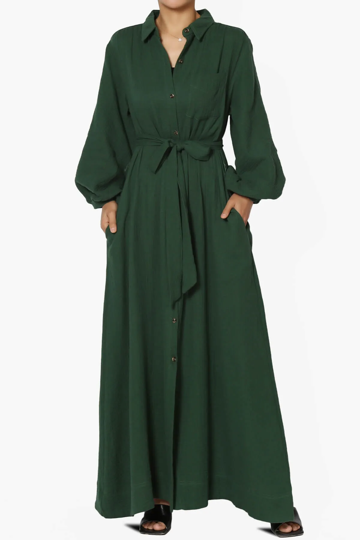 Sydnee Gauze Balloon Sleeve Belted Shirt Maxi Dress