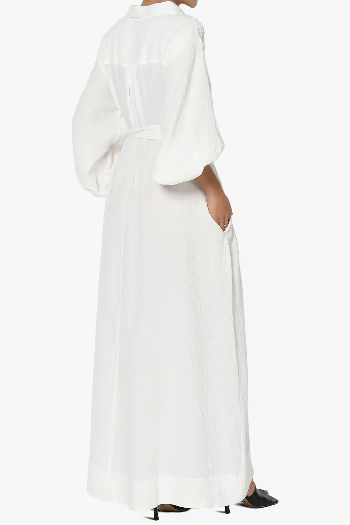 Sydnee Gauze Balloon Sleeve Belted Shirt Maxi Dress