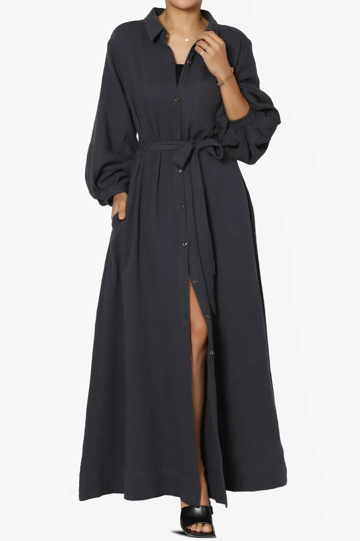 Sydnee Gauze Balloon Sleeve Belted Shirt Maxi Dress
