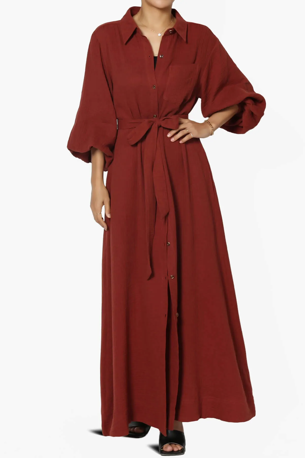 Sydnee Gauze Balloon Sleeve Belted Shirt Maxi Dress