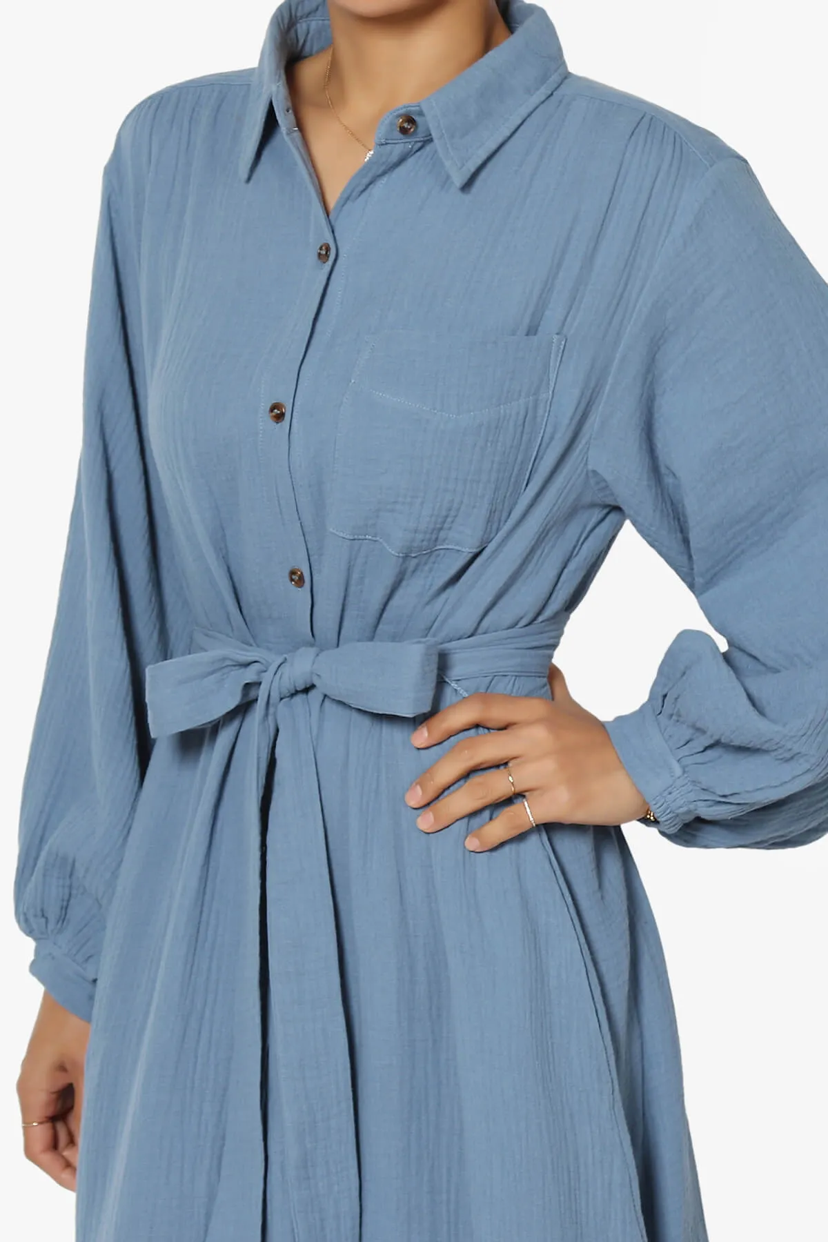 Sydnee Gauze Balloon Sleeve Belted Shirt Maxi Dress