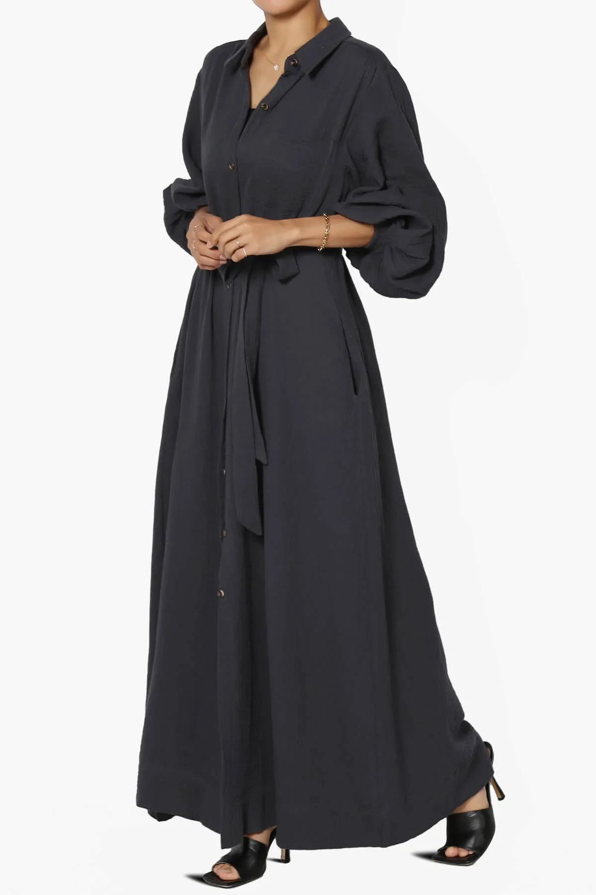 Sydnee Gauze Balloon Sleeve Belted Shirt Maxi Dress