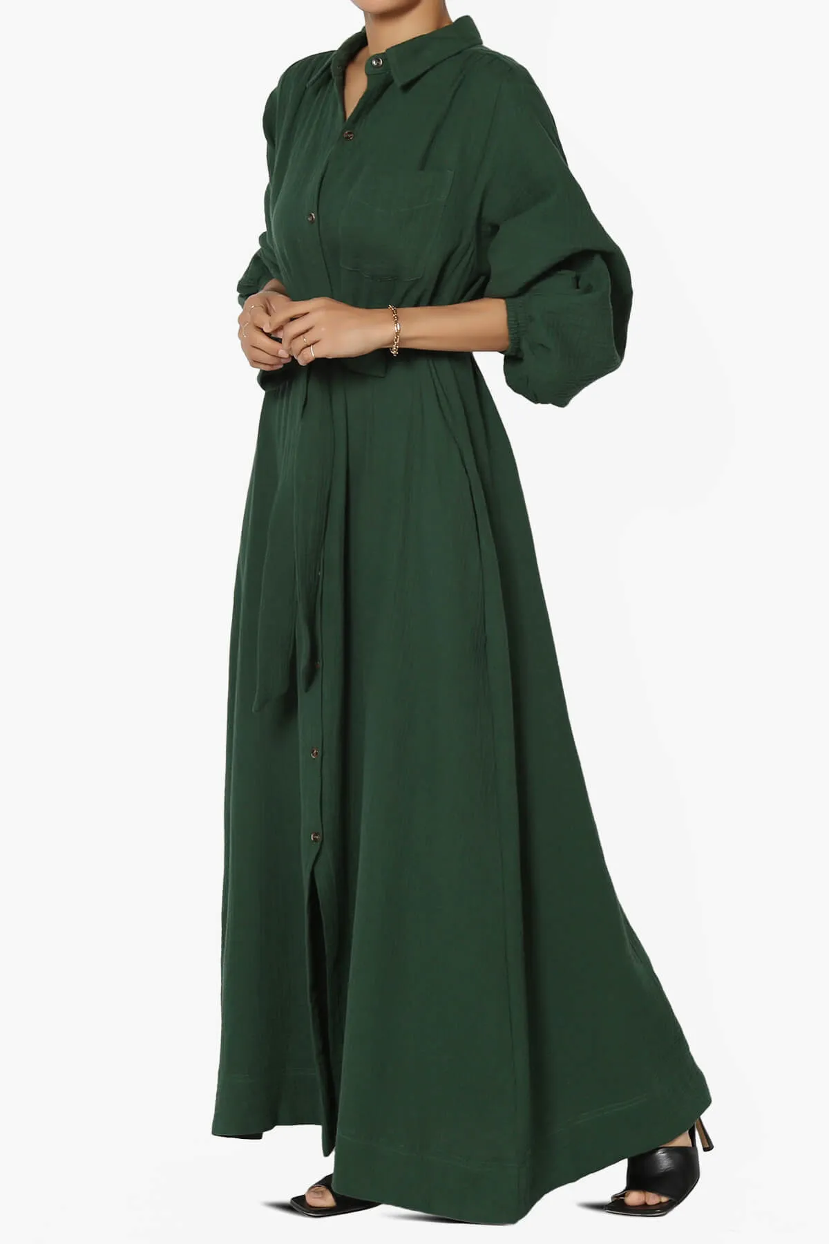 Sydnee Gauze Balloon Sleeve Belted Shirt Maxi Dress