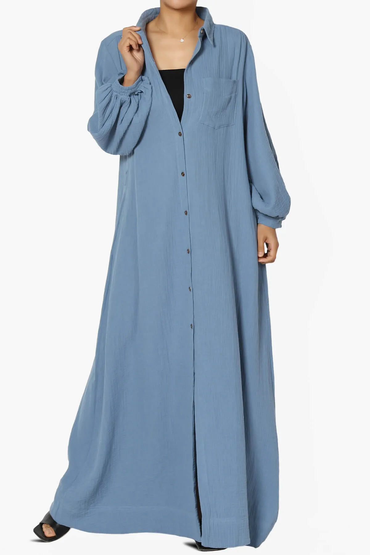 Sydnee Gauze Balloon Sleeve Belted Shirt Maxi Dress