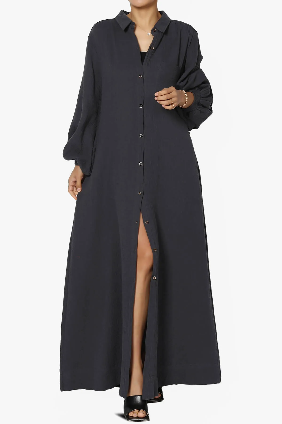 Sydnee Gauze Balloon Sleeve Belted Shirt Maxi Dress