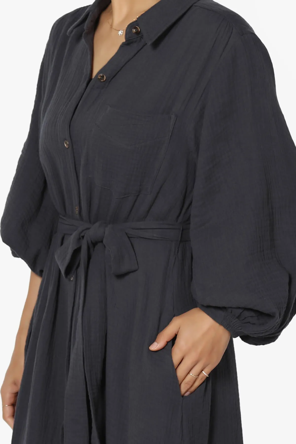 Sydnee Gauze Balloon Sleeve Belted Shirt Maxi Dress