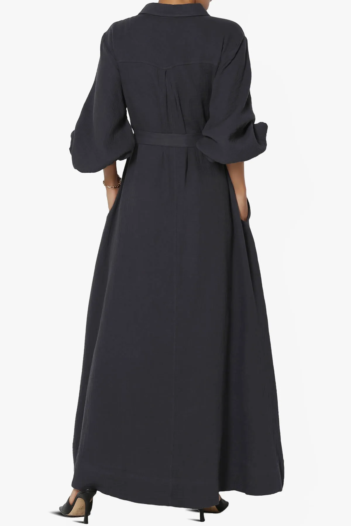 Sydnee Gauze Balloon Sleeve Belted Shirt Maxi Dress