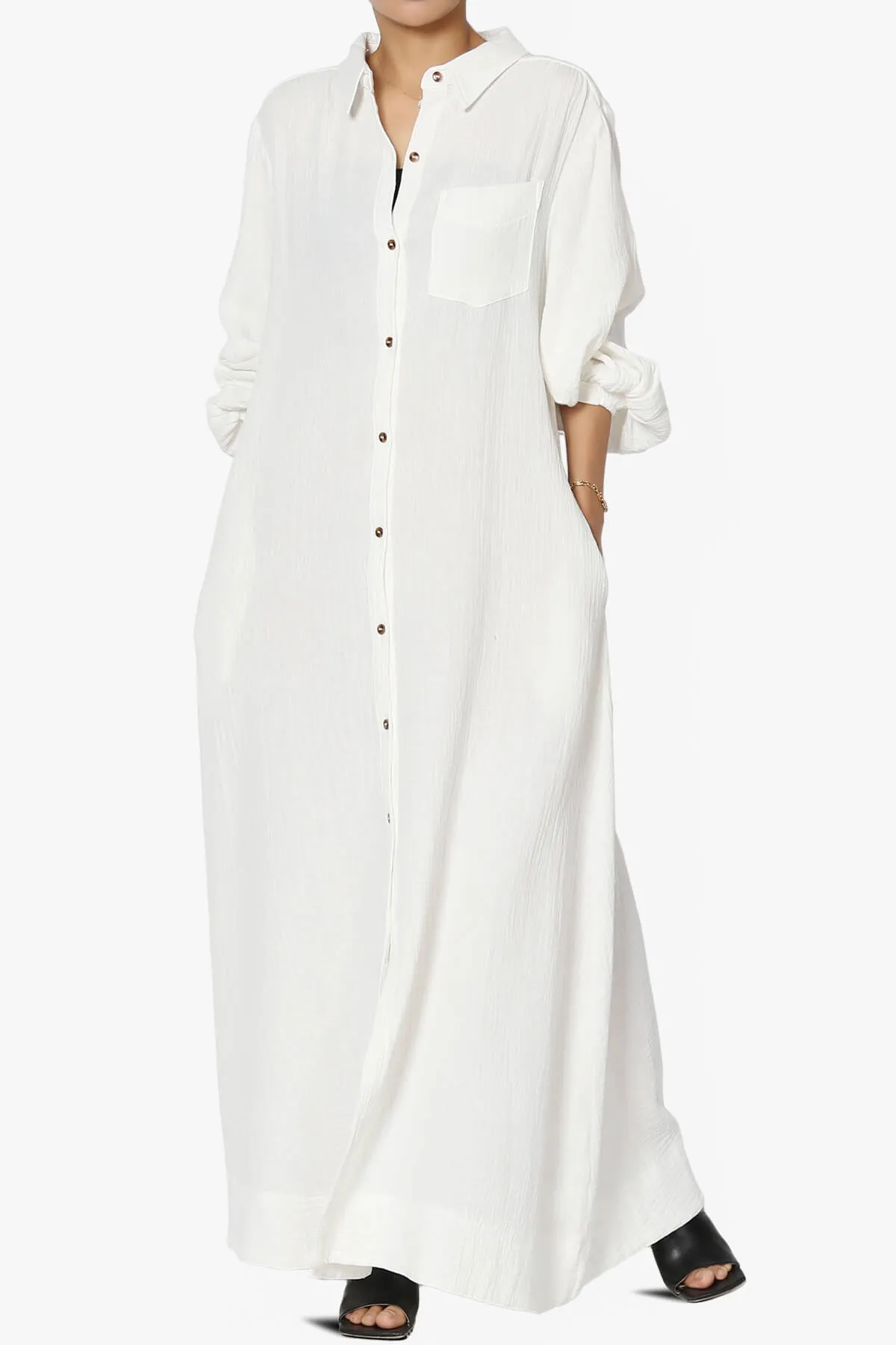Sydnee Gauze Balloon Sleeve Belted Shirt Maxi Dress