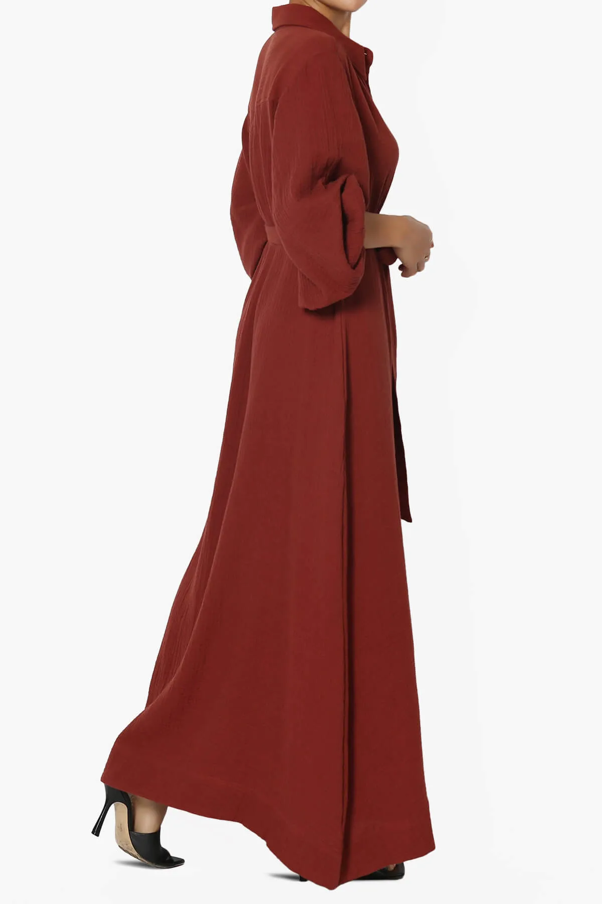 Sydnee Gauze Balloon Sleeve Belted Shirt Maxi Dress