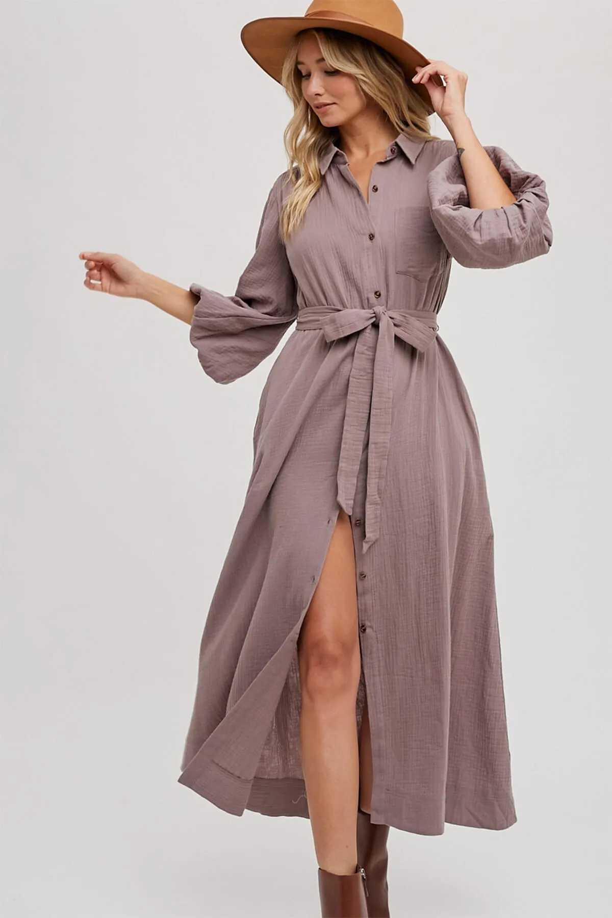 Sydnee Gauze Balloon Sleeve Belted Shirt Maxi Dress