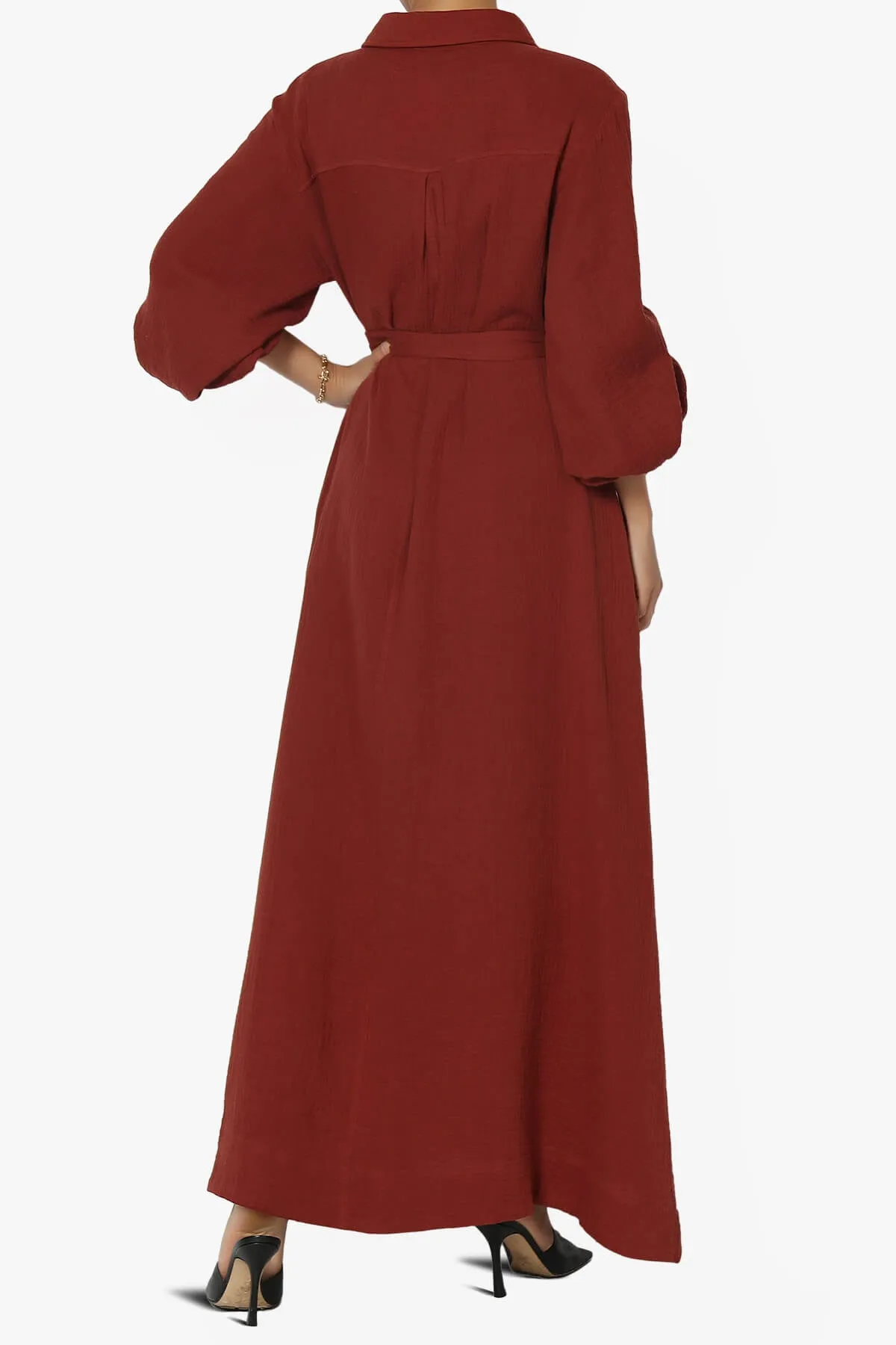 Sydnee Gauze Balloon Sleeve Belted Shirt Maxi Dress