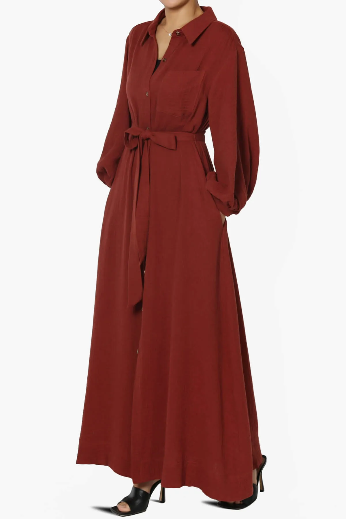 Sydnee Gauze Balloon Sleeve Belted Shirt Maxi Dress