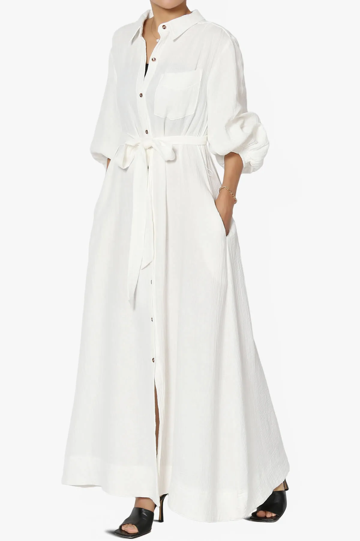 Sydnee Gauze Balloon Sleeve Belted Shirt Maxi Dress