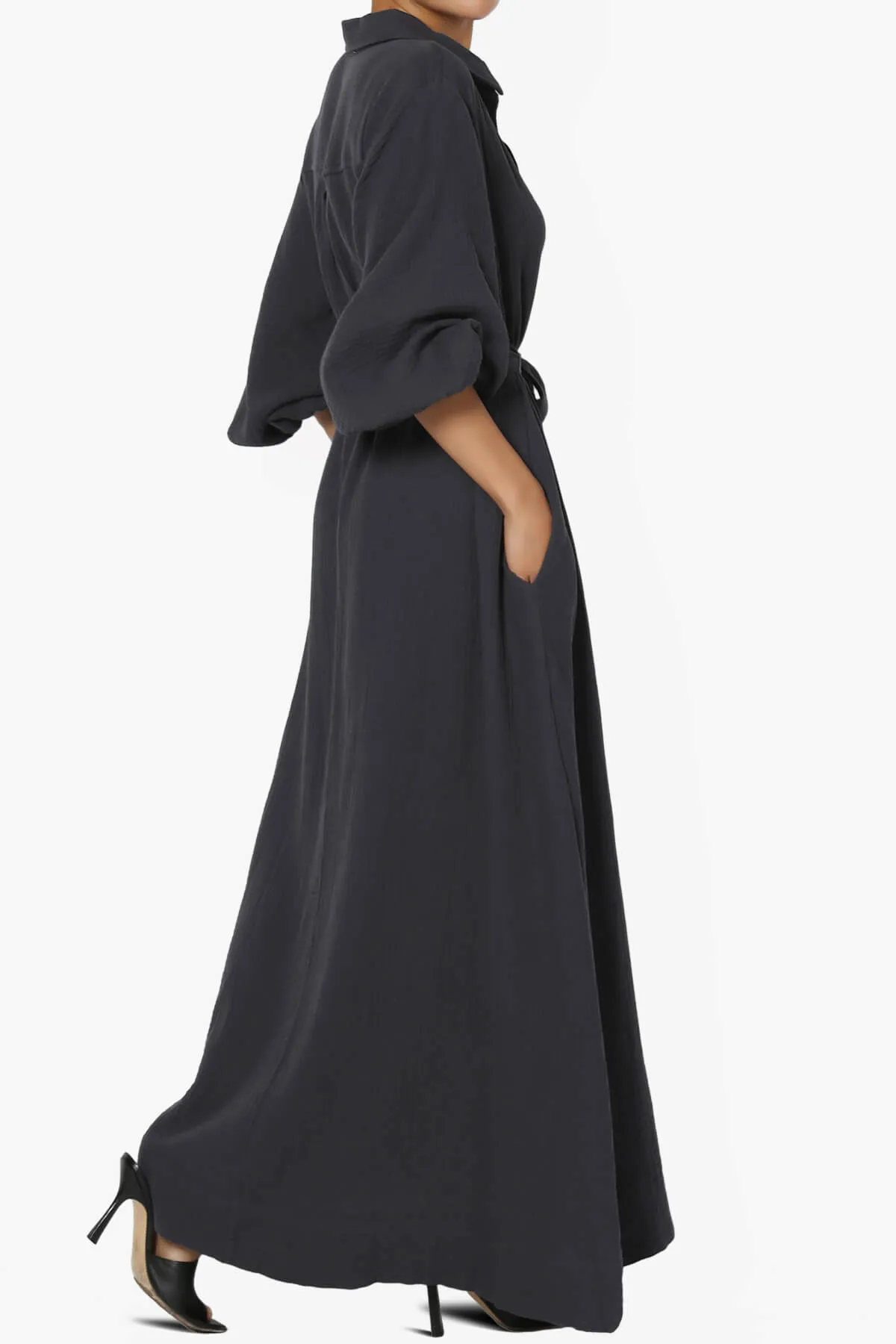 Sydnee Gauze Balloon Sleeve Belted Shirt Maxi Dress