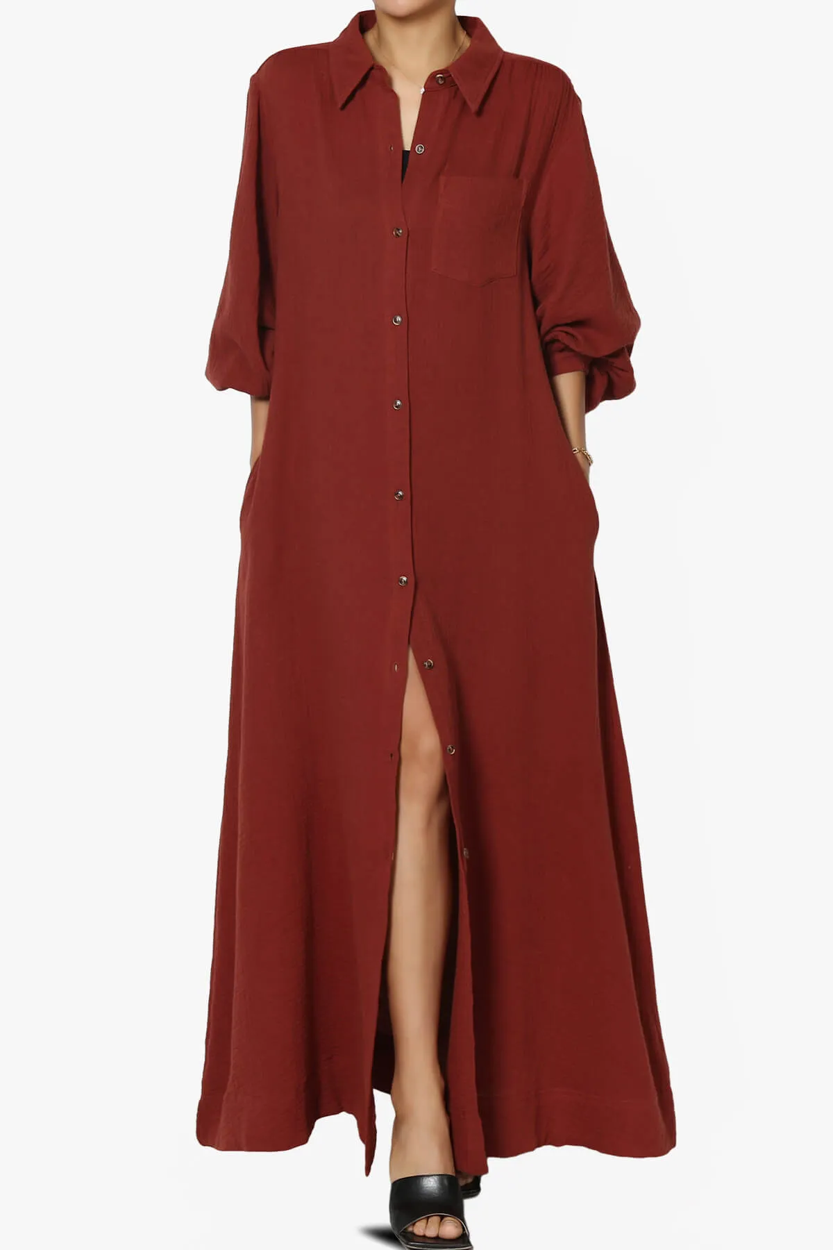 Sydnee Gauze Balloon Sleeve Belted Shirt Maxi Dress