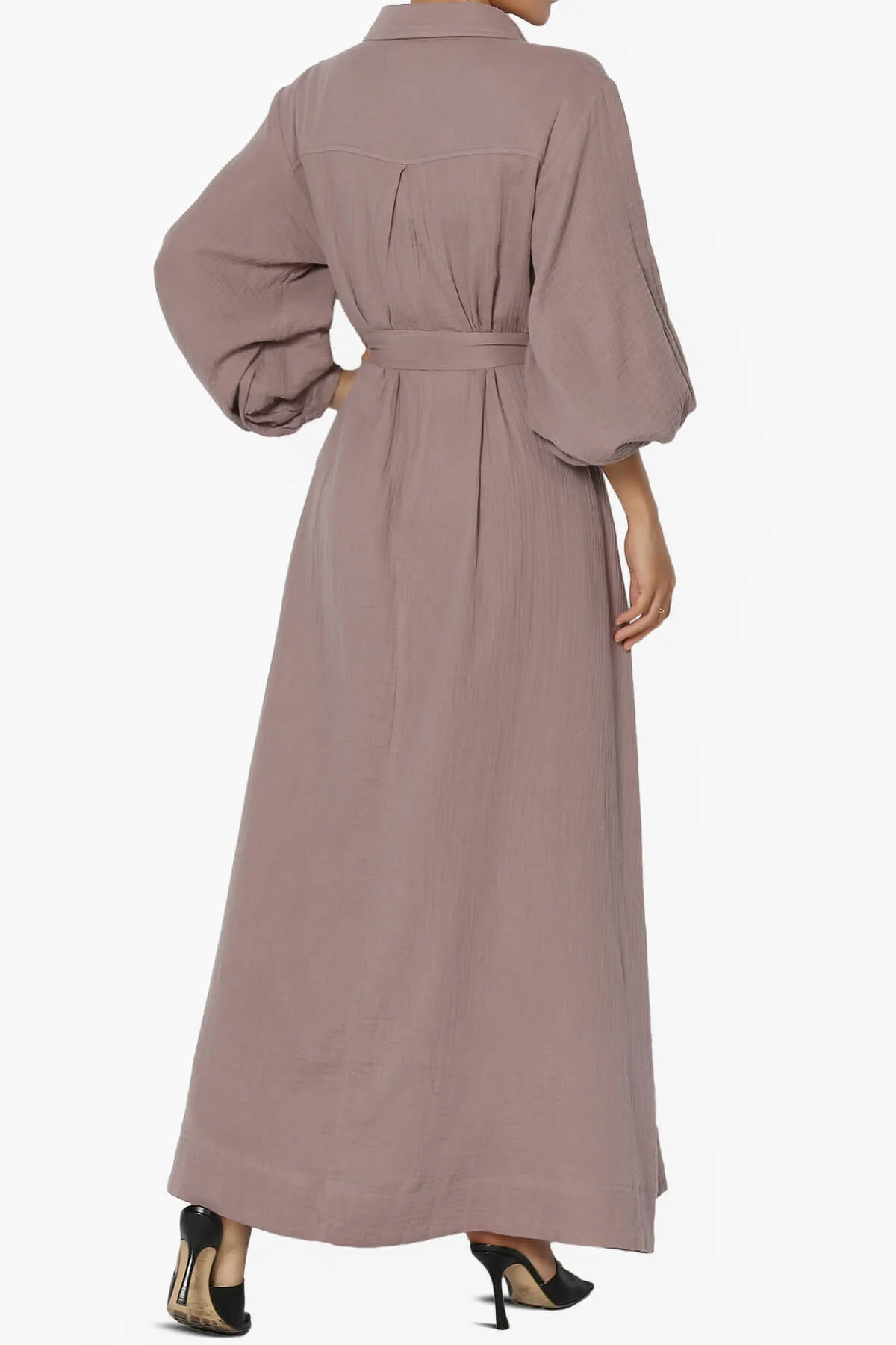 Sydnee Gauze Balloon Sleeve Belted Shirt Maxi Dress