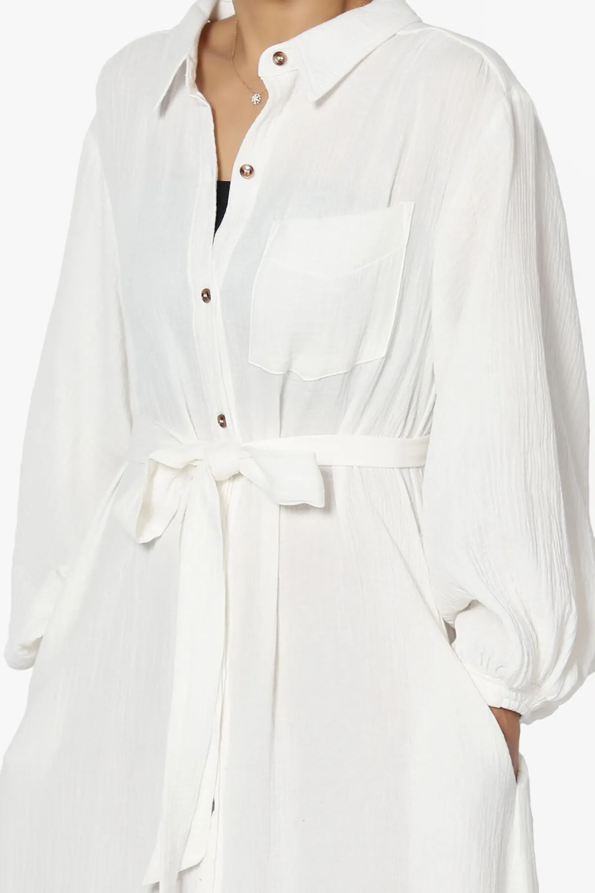 Sydnee Gauze Balloon Sleeve Belted Shirt Maxi Dress