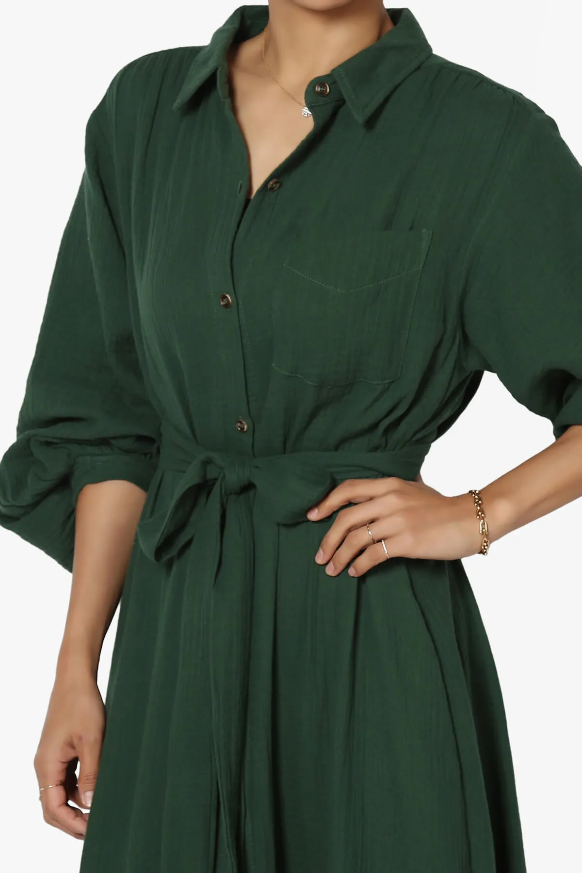 Sydnee Gauze Balloon Sleeve Belted Shirt Maxi Dress