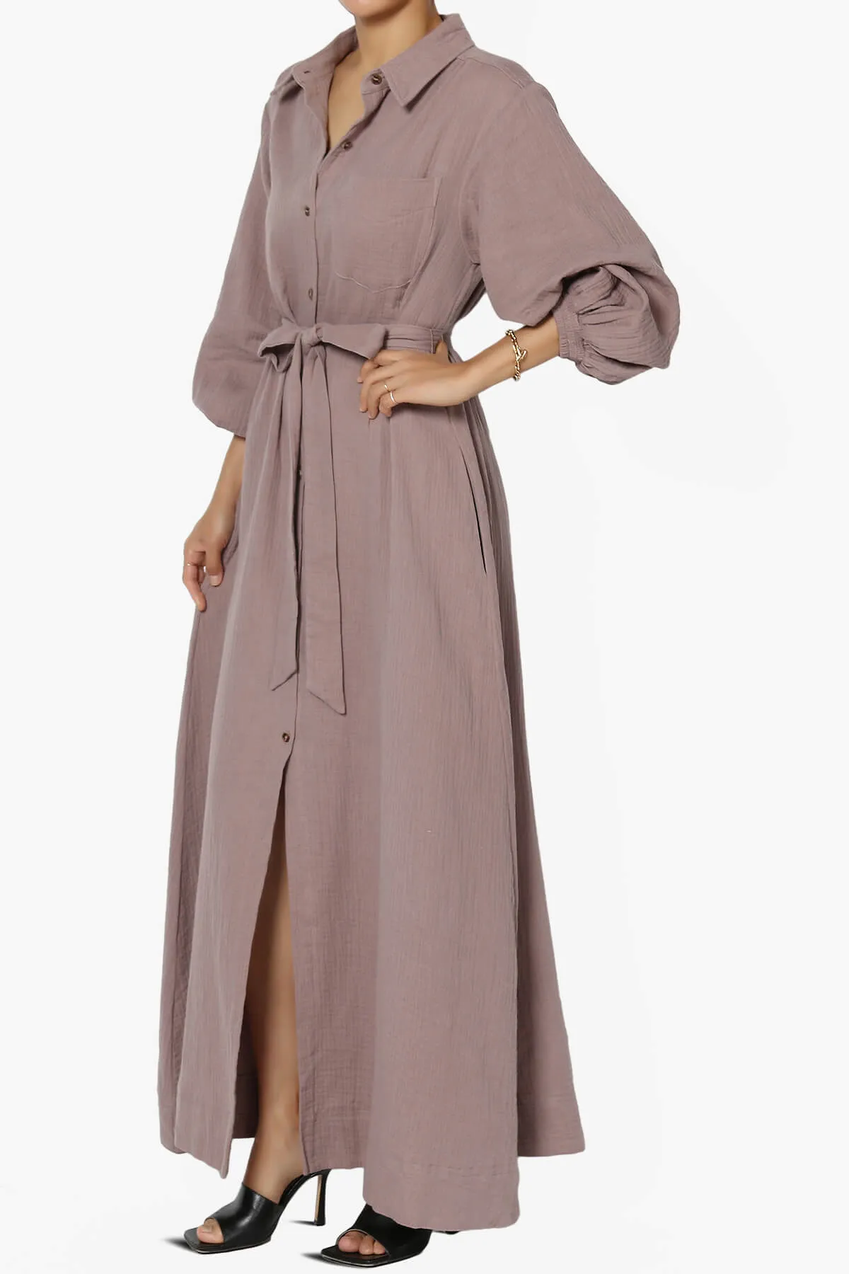 Sydnee Gauze Balloon Sleeve Belted Shirt Maxi Dress