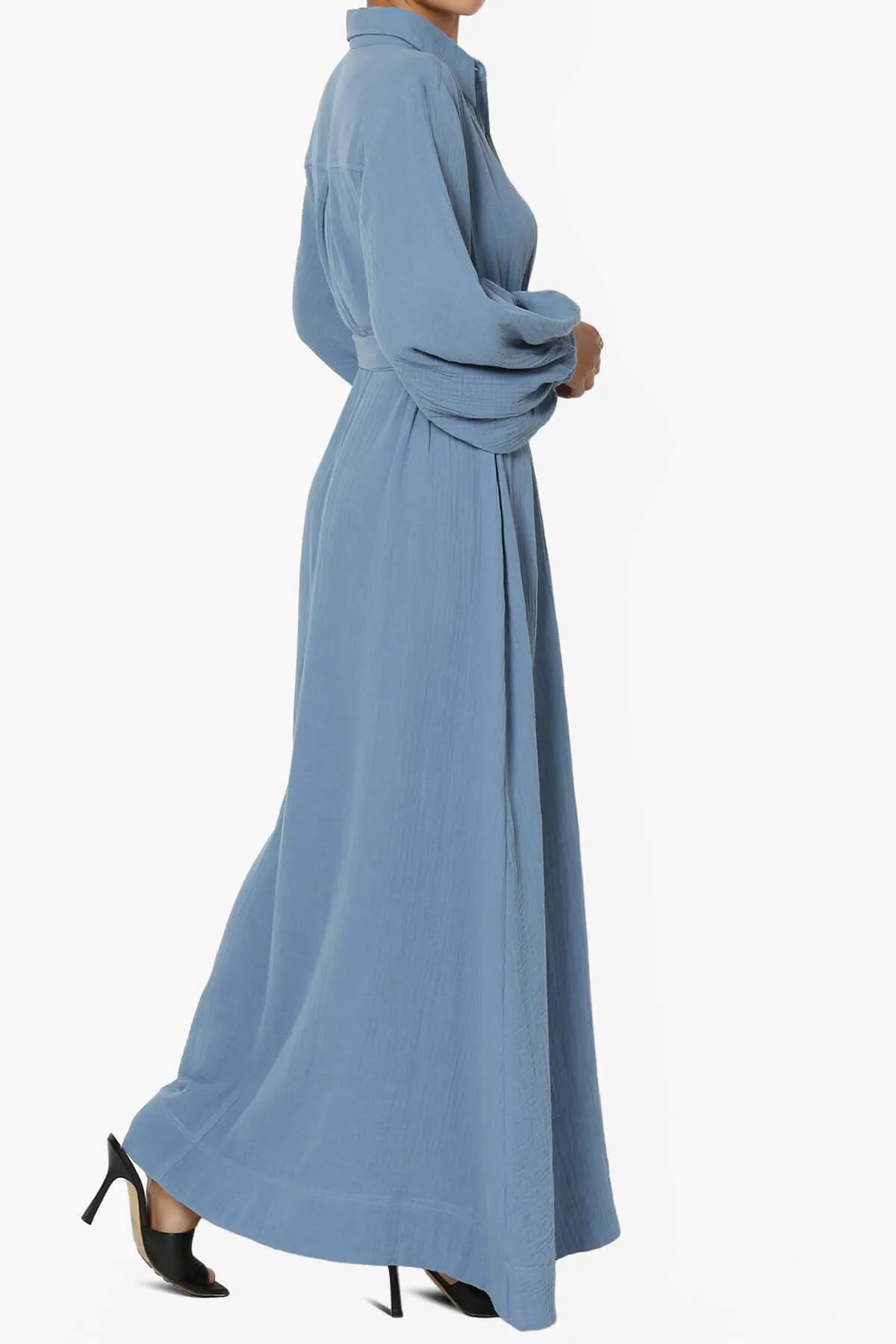 Sydnee Gauze Balloon Sleeve Belted Shirt Maxi Dress