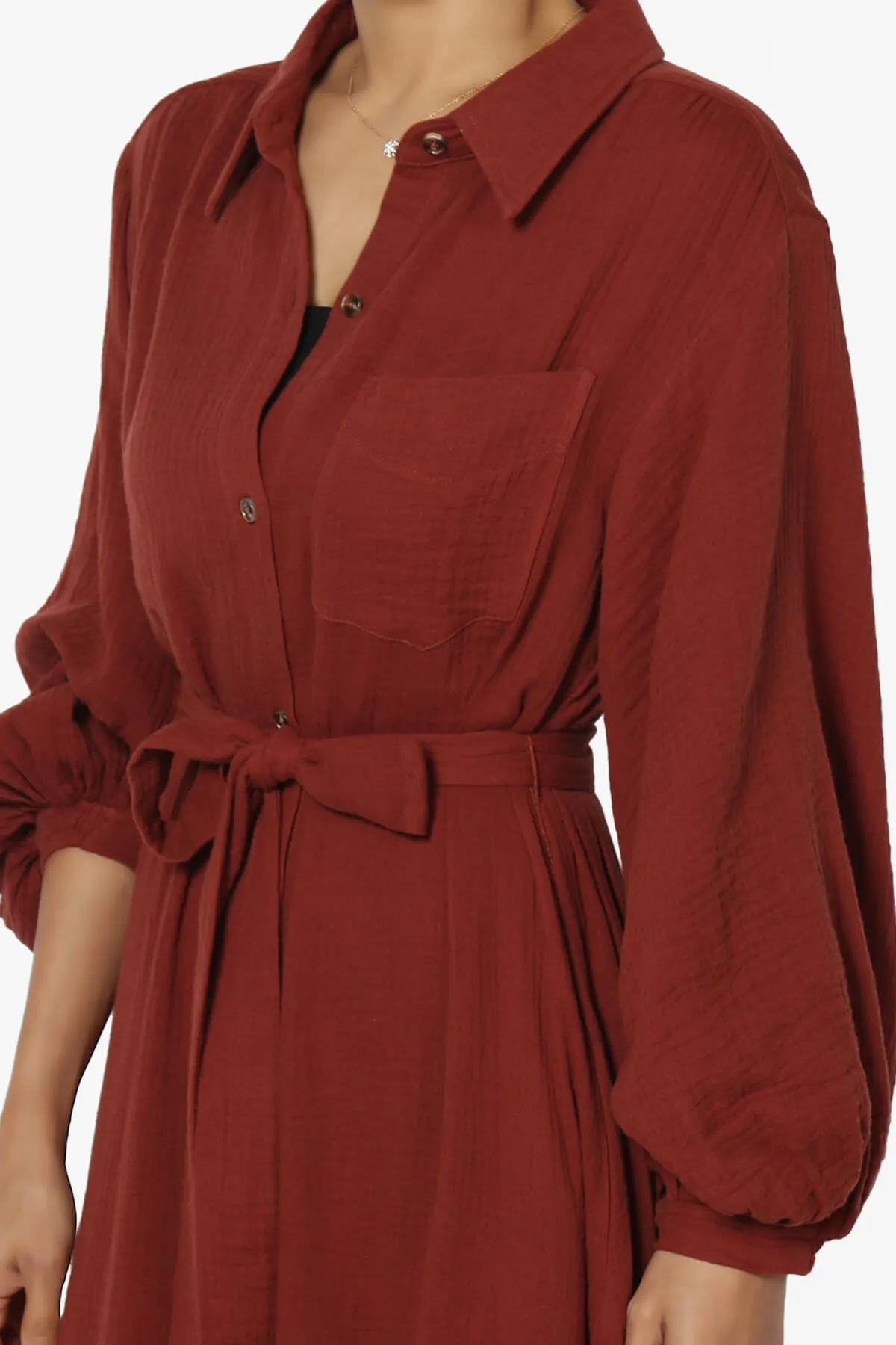 Sydnee Gauze Balloon Sleeve Belted Shirt Maxi Dress