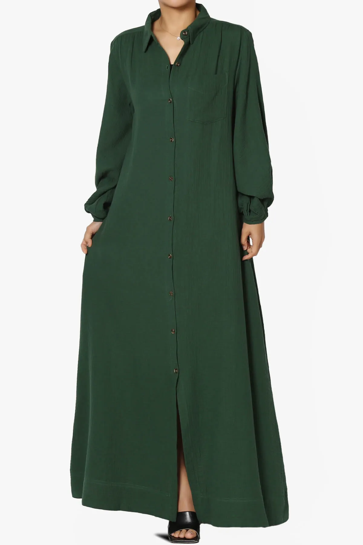Sydnee Gauze Balloon Sleeve Belted Shirt Maxi Dress