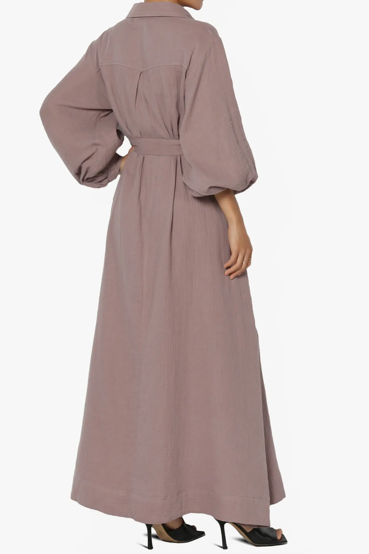 Sydnee Gauze Balloon Sleeve Belted Shirt Maxi Dress