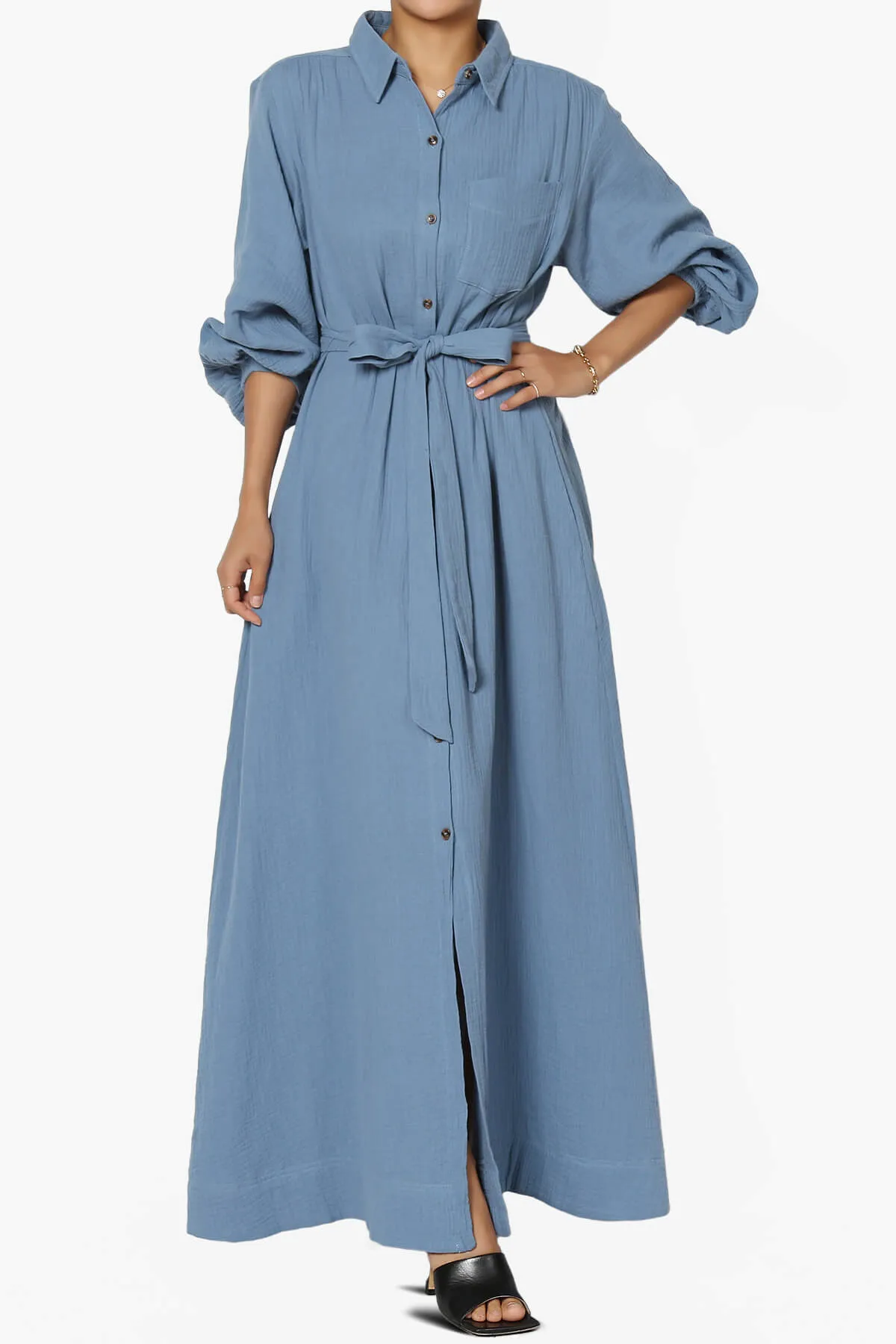 Sydnee Gauze Balloon Sleeve Belted Shirt Maxi Dress