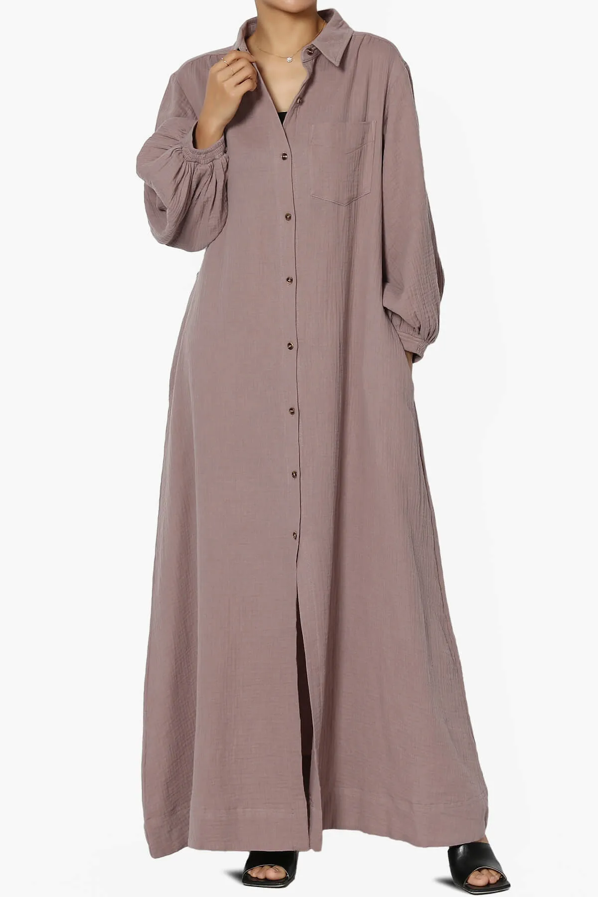 Sydnee Gauze Balloon Sleeve Belted Shirt Maxi Dress