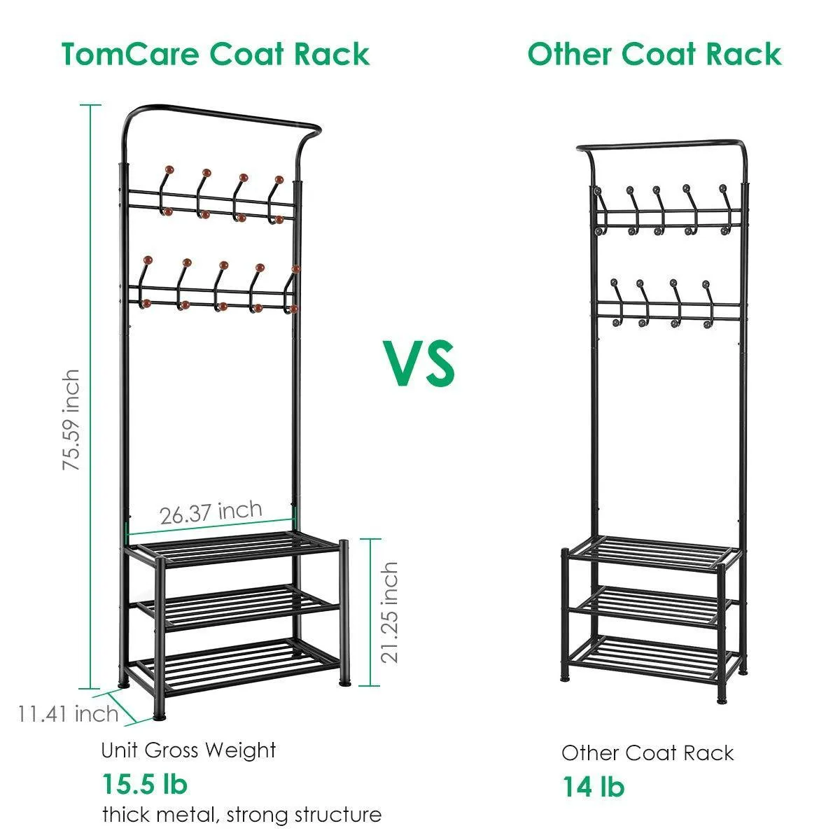 TomCare Coat Rack with 3-Tier Shoe Rack Hall Tree Entryway Bench Organizer 18 Hooks Coat Hanger Hat Racks Heavy Duty with Shoe Storage Shelves Metal Black for Doorway Hallway