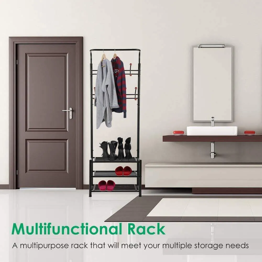 TomCare Coat Rack with 3-Tier Shoe Rack Hall Tree Entryway Bench Organizer 18 Hooks Coat Hanger Hat Racks Heavy Duty with Shoe Storage Shelves Metal Black for Doorway Hallway