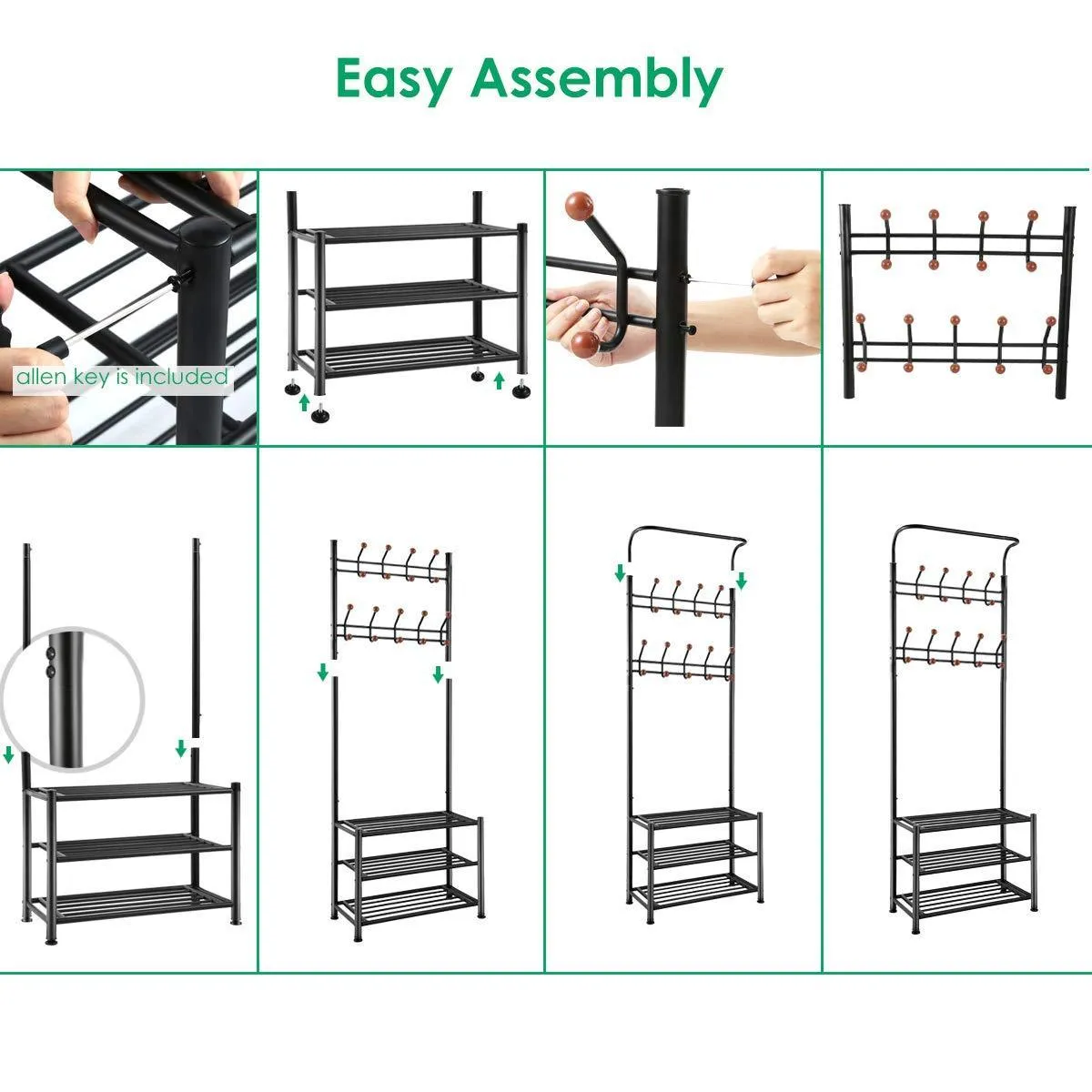 TomCare Coat Rack with 3-Tier Shoe Rack Hall Tree Entryway Bench Organizer 18 Hooks Coat Hanger Hat Racks Heavy Duty with Shoe Storage Shelves Metal Black for Doorway Hallway