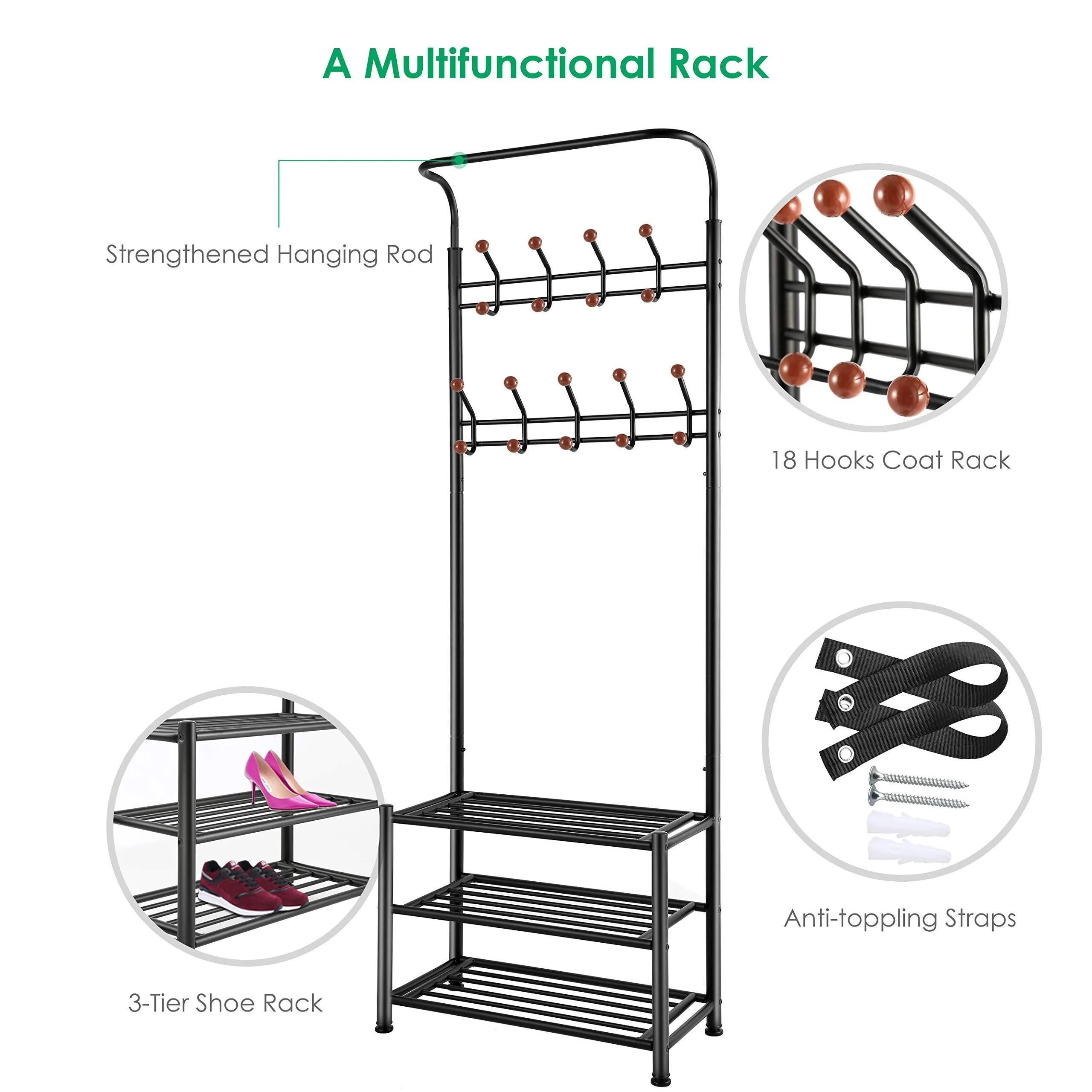 TomCare Coat Rack with 3-Tier Shoe Rack Hall Tree Entryway Bench Organizer 18 Hooks Coat Hanger Hat Racks Heavy Duty with Shoe Storage Shelves Metal Black for Doorway Hallway