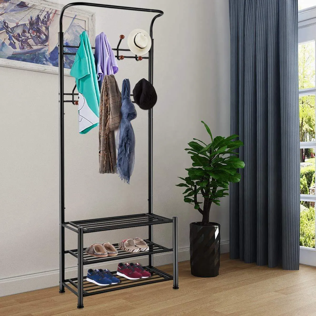 TomCare Coat Rack with 3-Tier Shoe Rack Hall Tree Entryway Bench Organizer 18 Hooks Coat Hanger Hat Racks Heavy Duty with Shoe Storage Shelves Metal Black for Doorway Hallway