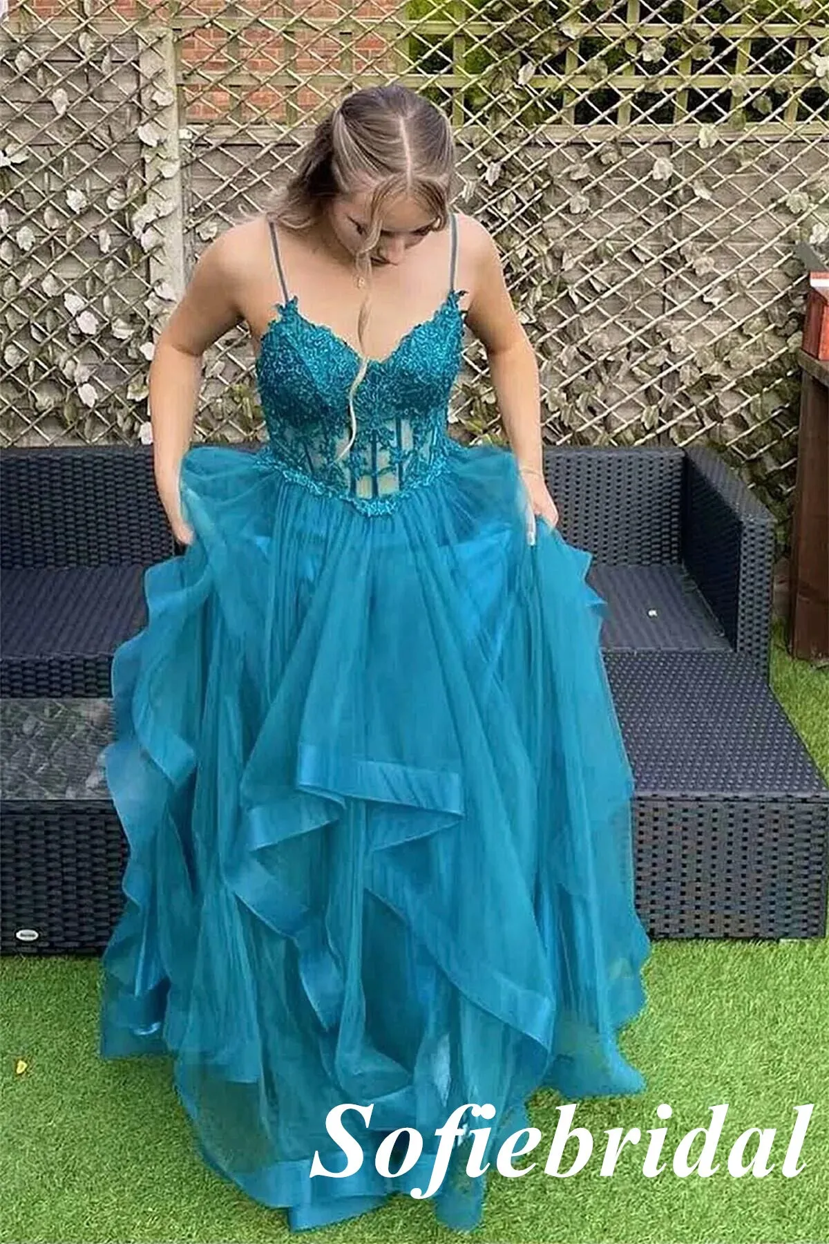 Tulle And Lace Spaghetti Straps V-Neck Sleeveless A-Line Long Prom Dresses, PD0985
