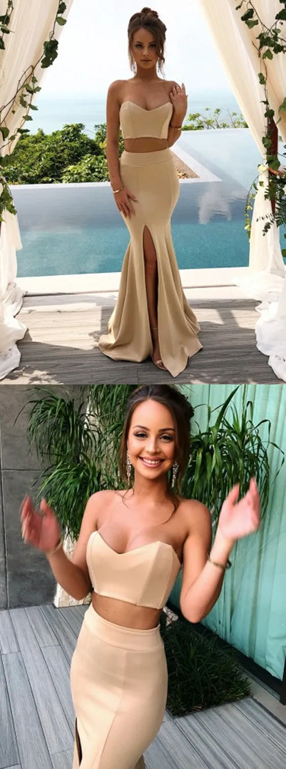 Two Piece Mermaid Sweetheart Champagne Satin Bridesmaid Dress with High Split , BD0512