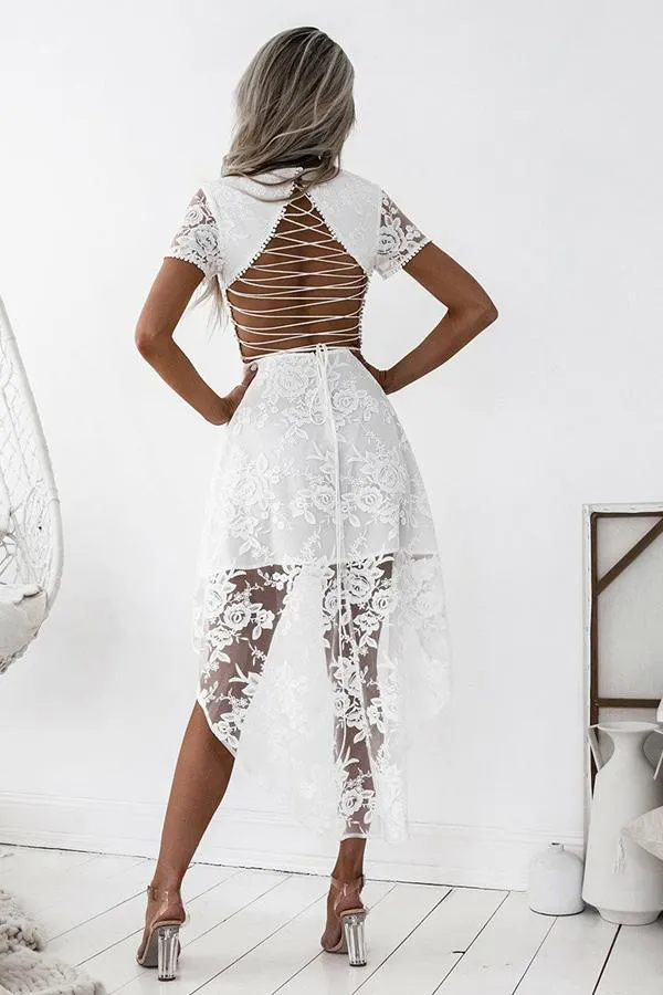 White High Low Open Back Short Sleeve Homecoming Dress For Girls, MH385